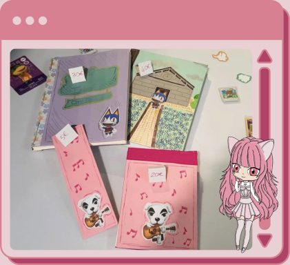 Cadre rose avec Onyx en bas à droite. Papeterie sur le thème Animal Crossing 