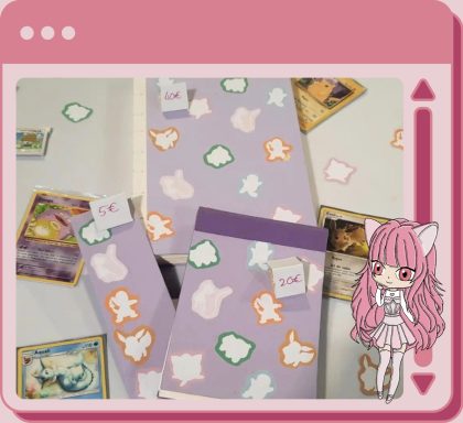 Cadre rose avec Onyx en bas à droite. Papeterie sur le thème Pokémon